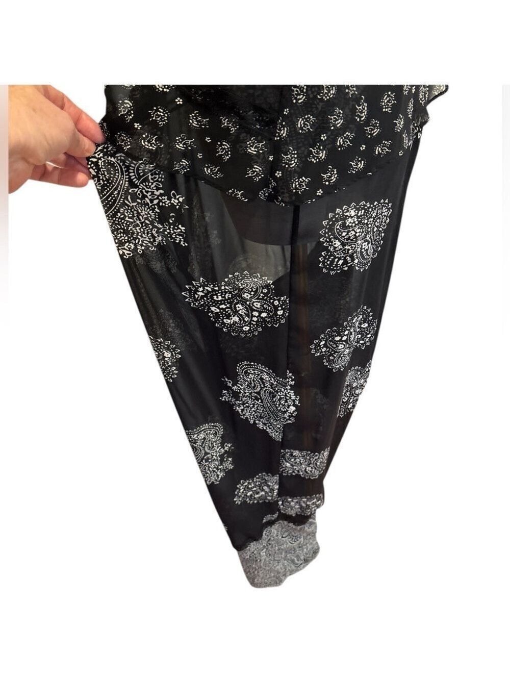 90s 2PC DELICATES BOHO SHEER BLK & CREAM PAISLEY CROP TOP & WIDE LEG PANT SZ XL - Picture 8 of 16